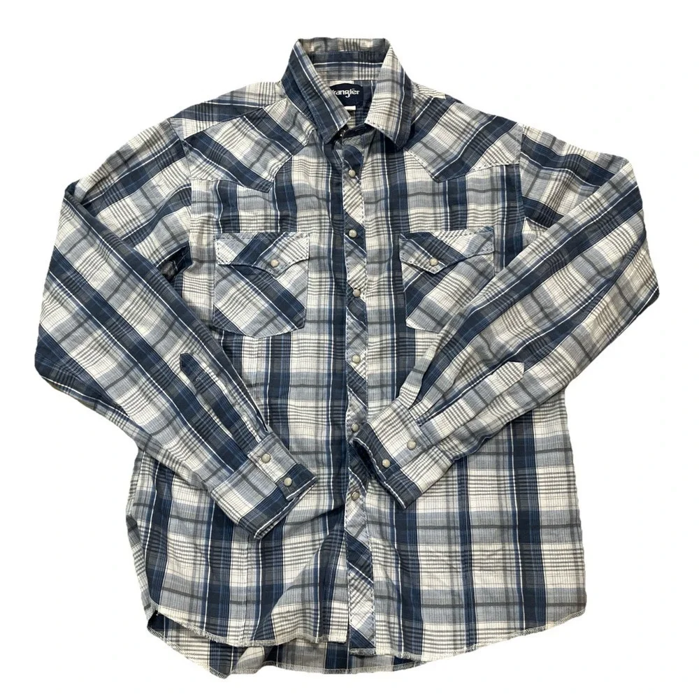 Wrangler Pearl Snap Long Sleeve Button Down Shirt M Blue - Picture 1 of 6
